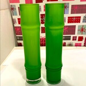 Vintage Green Opaline Glass Luminous Green Bamboo-Style Vase Pair
